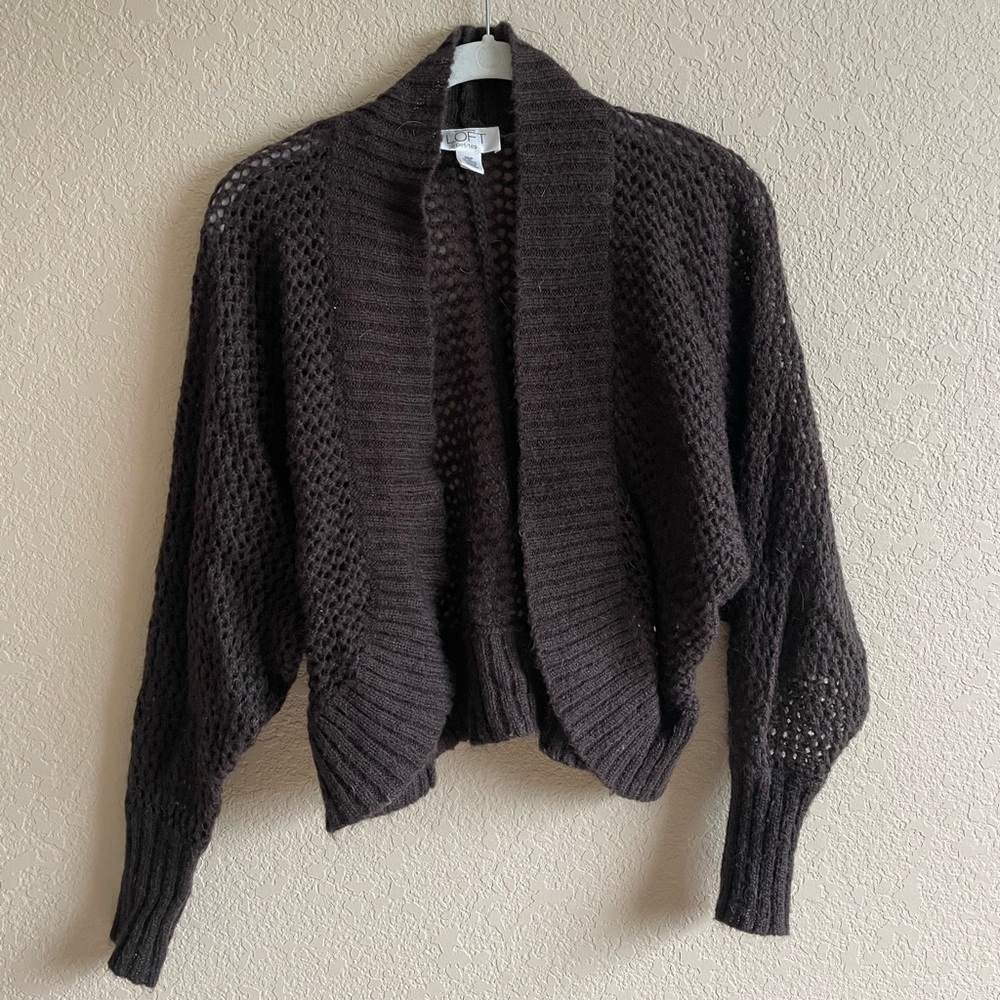 ANN TAYLOR BROWN CROPPED FISHNET CARDIGAN